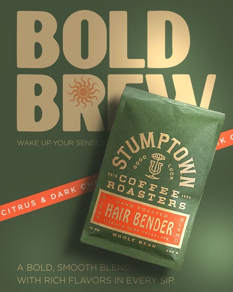 whole bean coffee, coffee beans, roasted coffee, coffee blend, ground coffee, specialty coffee, brand awareness, product launch, modern typography, minimalist, bold, warm, green, gold, orange